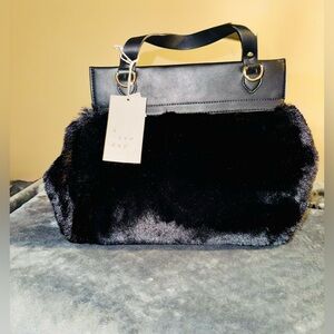 *New* a.newday Black & Gold Faux-Fur Shoulder Handbag with Leather Trim